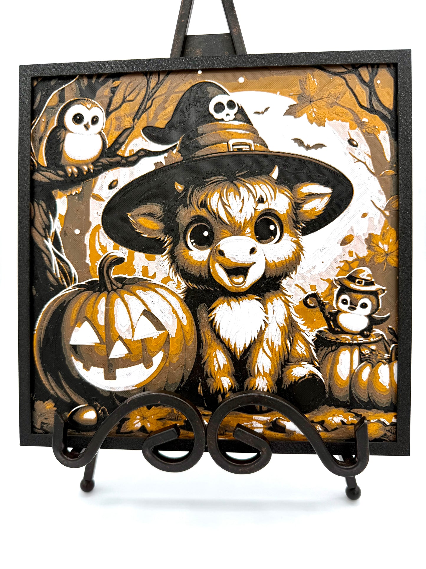 Highland Cow With Pumpkins Halloween Hueforge Scene