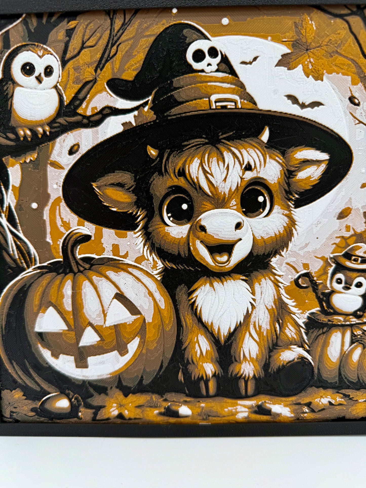 Highland Cow With Pumpkins Halloween Hueforge Scene