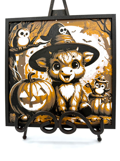 Highland Cow With Pumpkins Halloween Hueforge Scene